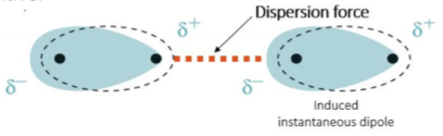 <p>polar or non, instantaneous dipole (from constant electron movement), induces in surrounding molecules, relatively weakest</p>