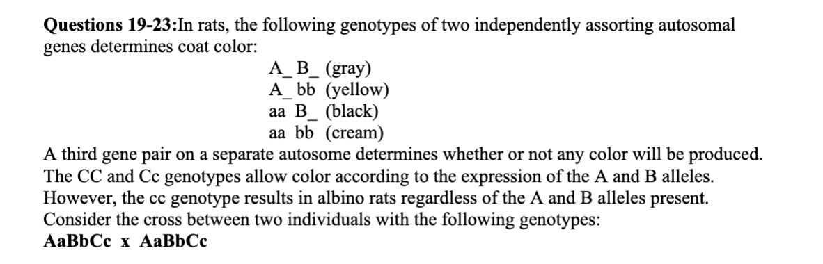 <p>21. What proportion of their albino progeny would be true breeding?</p><p>a. 1/3</p><p>b. 1/4</p><p>c. 1/9</p><p>d. 1/16</p><p>e. None of the above</p>
