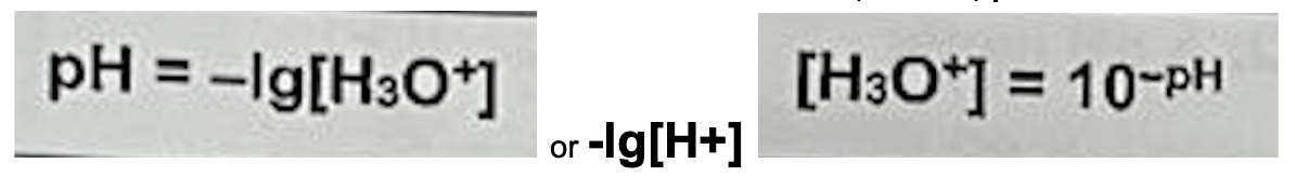 <ul><li><p><span>pH (Def.): negative logarithm to base 10 of H3O+ concentration in mol dm^-3, it is the measure of the contentation of H3O+ ions in a solution (no units)&nbsp;</span></p></li></ul><p></p>