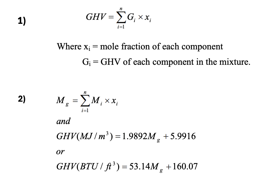 <p>Both require you to have the mole fractions of each component</p><ol><li><p>mole frac. of comp. x GHV of comp. (given)</p><ul><li><p>sum all comp. GHVs to get GHV of gas</p></li></ul></li><li><p>mole frac. of comp. x MW of comp.</p><ul><li><p>sum all comp. MWs to get MW of gas</p></li><li><p>plug into formula for GHV on formula sheet</p></li></ul></li></ol><p></p>