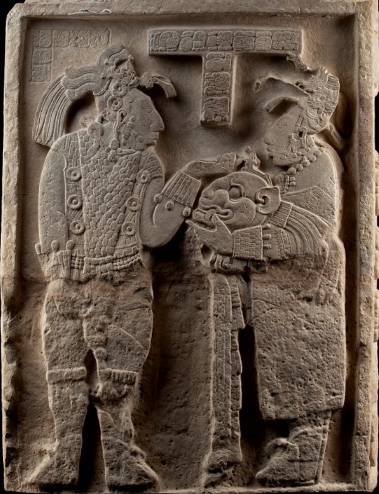 Shield jaguar dresses for battle with the help of Lady Xook, Lintel 26, Yaxchilan, Mexico, Maya culture, 725 CE, limestone