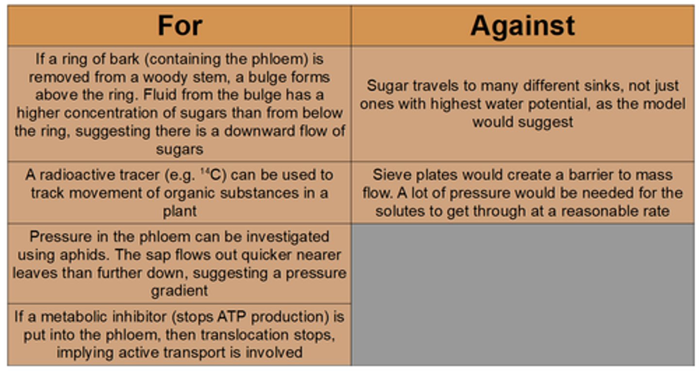 <p>- Structure of the sieve plates appear to hinder mass flow</p><p>- Not all solutes move at the same speed, they should do if it is mass flow.</p><p>- Sucrose is delivered at more or less the same rate to all regions, rather than going more quickly to the ones with the lowest sucrose concentration</p>