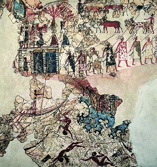 <p><span style="background-color: transparent; font-family: "EB Garamond", serif;"><span> </span></span><span style="background-color: transparent;"><span>In the same room where the Flotilla was, this Fresco was located as well, depicting people falling off the ship(they're being casted over board). *This depicts that the Minoan civilization was not as peaceful as one though, there was always the threat of war, raiding parties.</span></span><span style="background-color: transparent; font-family: "EB Garamond", serif;"><span> </span></span></p>