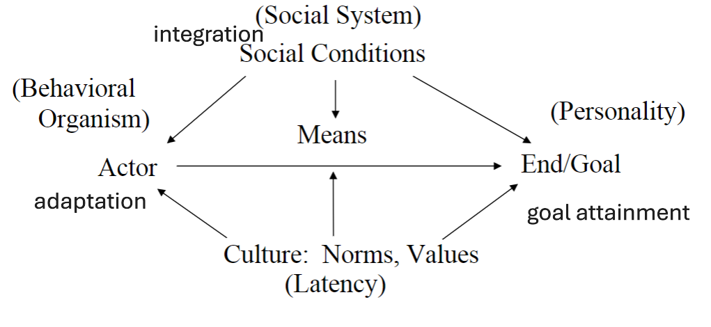 <p>actor = adaptation = behavioral organism</p><p>end/goal = goal attainment = personality system</p><p>social conditions = integration = social system</p><p>culture = latency = cultural system</p><p>social conditions and culture impact the actor, means, and end/goal</p>