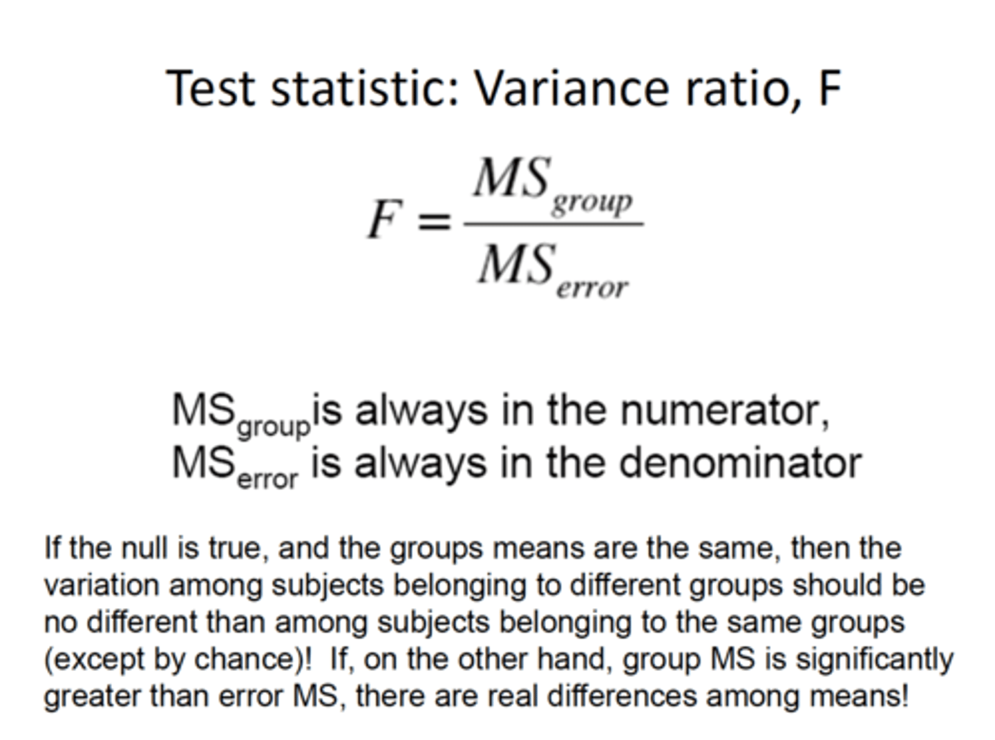 <p>Compares between-groups variance to within-groups variance</p><p>Formula:</p><p>F= (Between group variation) / (Within group variation)</p><p>Can also think of it as:</p><p>F = (Treatment / sampling error)</p>