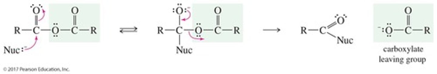 <p>A tetrahedral intermediate, followed by the formation of an anhydride after chloride ion leaves and deprotonation occurs.</p>