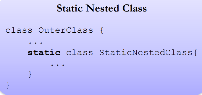 Does not have access to instance members. Outer class must be public (or package private by default).