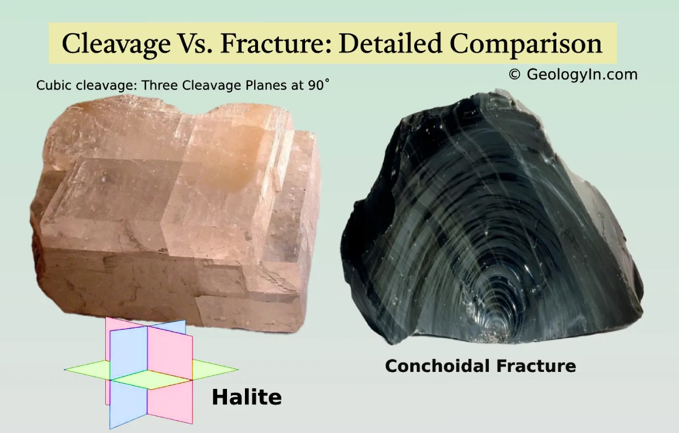 <p>Tendency for a mineral to split along a particular plane, where bonds are weakest.</p><p></p><p>Cleavage is <strong>repeatable and predictable</strong>, unlike fracture.</p>