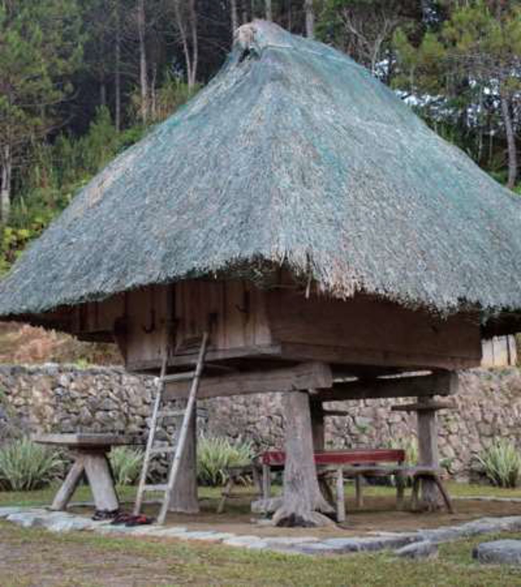 <p>Ifugao house for the affluent whose pyramidal hipped roof covers the floor of the house</p><p>tukud - post</p><p>halipan - cylindrical rat guard</p>