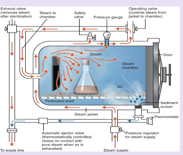 <p>steam under pressure</p><p>-121 degrees C at 15 psi for 15 min</p>