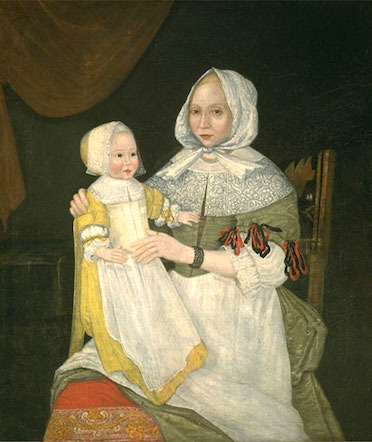 Elizabethan style of portraiture (as opposed to Grand Manner style) inspired by court paintings of Anthony van Dyck; linear and heavily focused on costume details. John Freake (c. 1671) and Elizabeth Freake and Baby Mary (c. 1674) exemplify the tradition.