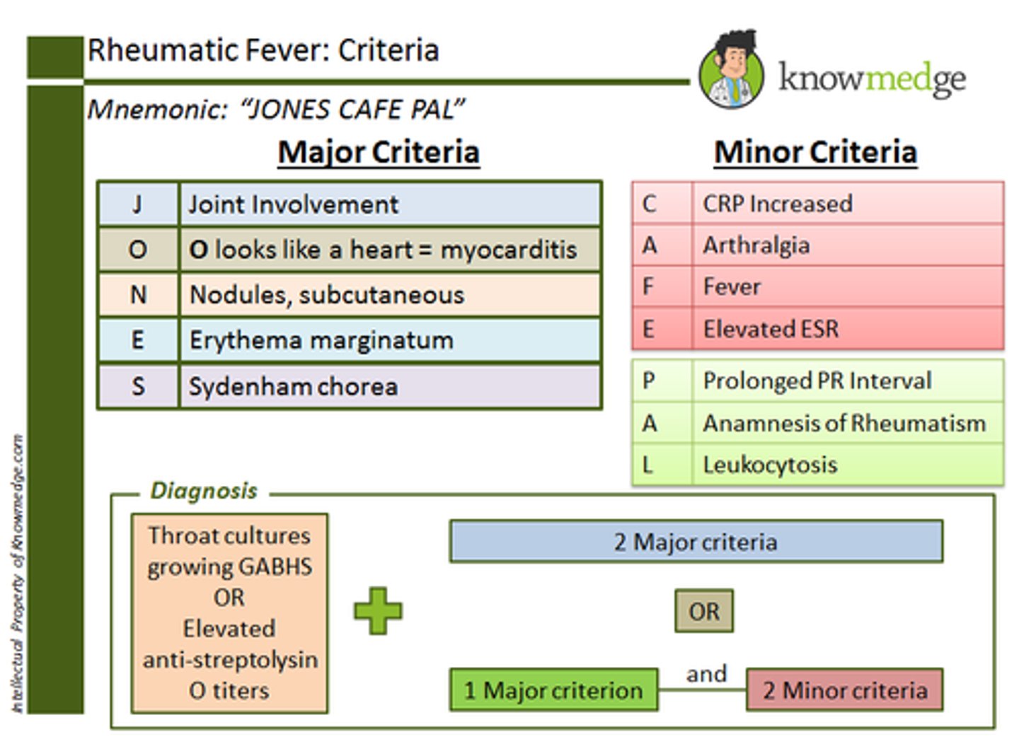 <p>- Joint Involvement</p><p>- O looks like a heart = myocarditis</p><p>- Nodules, subcutaneous </p><p>- Erythema marginatum</p><p>- Sydenham chorea </p><p>- CRP Increased</p><p>- Arthalgia</p><p>- Fever</p><p>- Elevated ESR</p><p>- Prolonged PR Interval</p><p>- Anamnesis of rheumatism</p><p>- Leukocytosis</p>