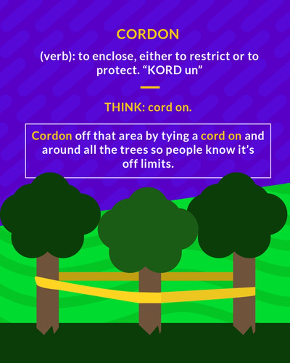 <p>extended line of men or fortifications to prevent access or egress;</p><p>(verb) to enclose, either to restrict or to protect</p>