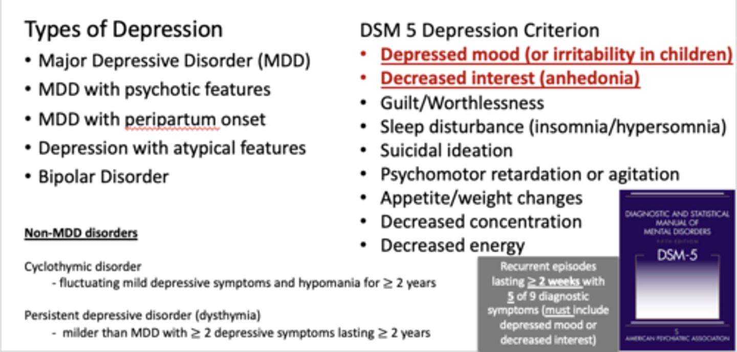 <p>depression overview - KNOW THE RED</p><p>note: Recurrent episodes lasting ≥ 2 weeks with</p><p>5 of 9 diagnostic symptoms (must include depressed mood or decreased interest)</p>