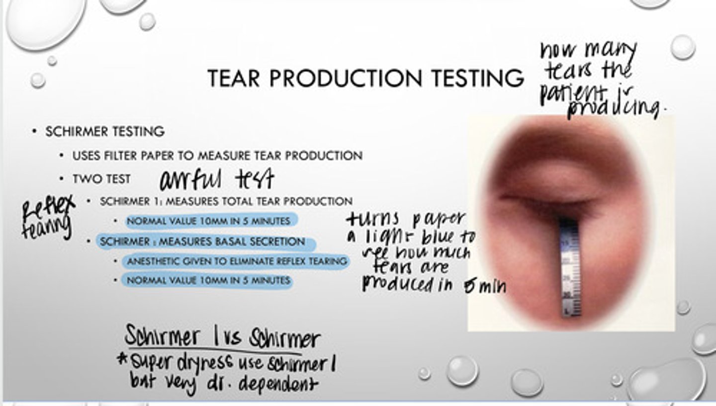 <p>Schirmer 1 test vs Shirmer Test</p><p>How does the Shirmer test eliminate reflex tearing?</p>