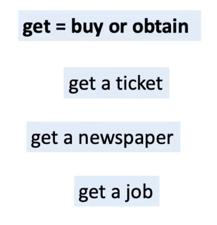 <p><strong><u><mark data-color="#c5c2f2" style="background-color: rgb(197, 194, 242); color: inherit;">CLARIFICATION</mark></u></strong></p><p>.</p><p>So now we know that ‘get’ can mean:</p><ul><li><p>to <strong>receive</strong></p></li><li><p>to <strong>buy</strong></p></li><li><p>to <strong>obtain</strong></p></li></ul><p></p>
