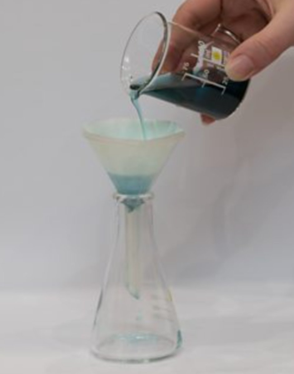 <p>Filter paper used has tiny microscopic holes in it that allow small enough particles like water molecules to pass through but prevent too large particles passing like grains of sand</p>