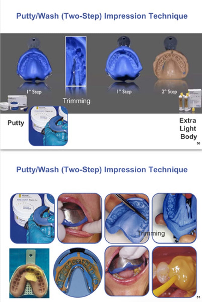 <p>putty impression/trim → extra light body </p>