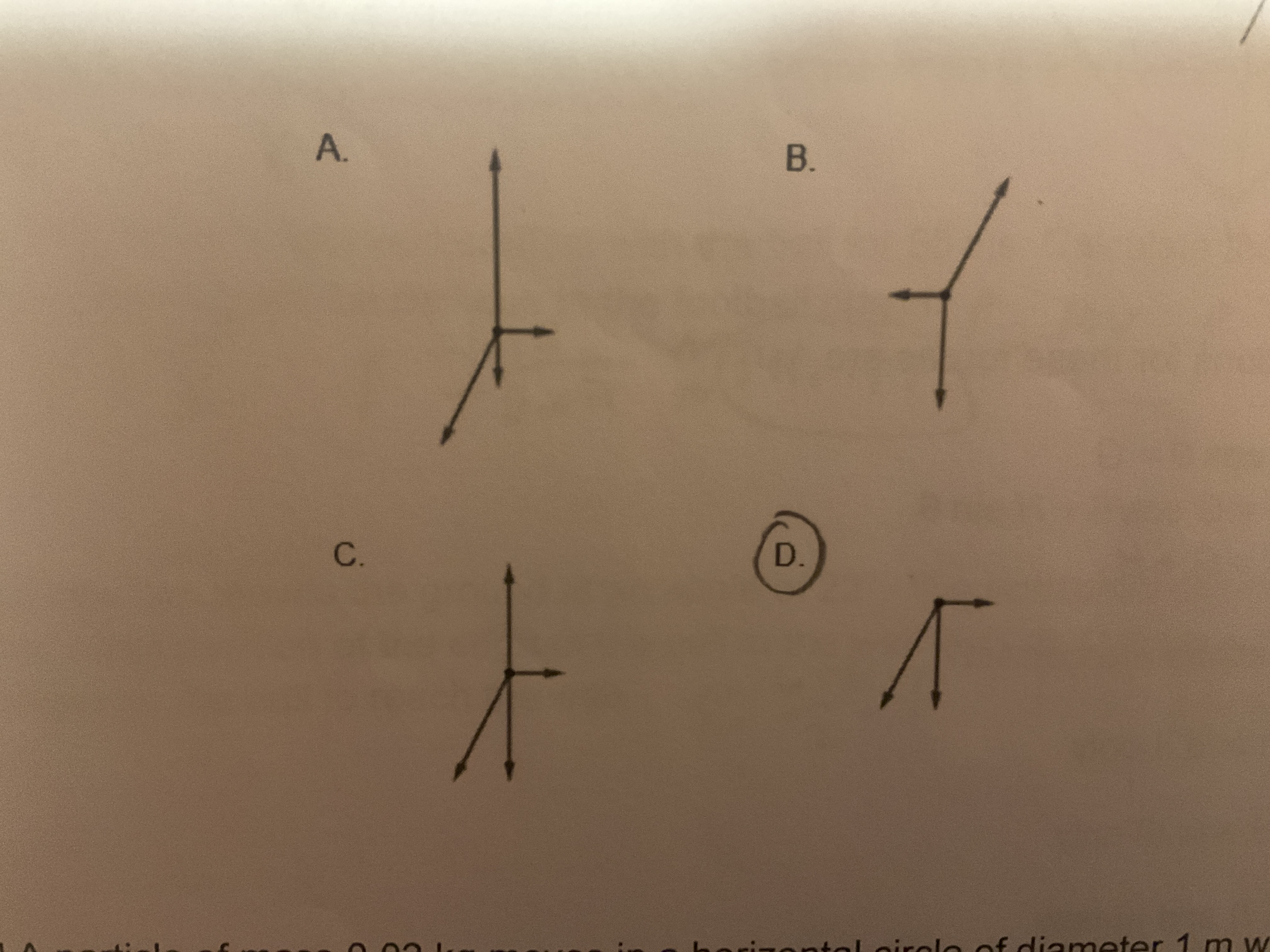 <p>A toy balloon floats at the end of a string. A wind blows to the right. The balloon is in translational equilibrium. What is the Free Body Diagram of the forces acting on the Balloon?</p>