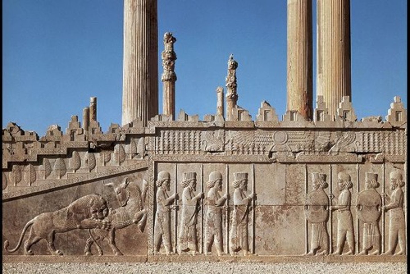 <p>DOC: 520-465 BCE</p><p>ROO: Persepolis, Iran</p><p>M: Limestone</p><p>- originally had 72 columns, ~65 ft, each had a capital (column topper)--bull, eagle, etc</p><p>- relief sculptures on terrace+stairs</p><p>- cosmopolitan+organized: shows stability with empire having total power</p><p>f(x):</p><p>- ceremonial center, citadel, admin/econ center for empire</p><p>- Audience hall used for receptions/festivals</p>