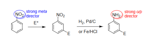 <ul><li><p>Conversion of NO<sub>2</sub> to NH<sub>2</sub> (nitro to aniline).</p></li><li><p>However, other substituents on the benzene can react.</p></li><li><p>Fe, HCl can ensure no other reactions occur other than NO<sub>2</sub> → NH<sub>2</sub>. </p></li></ul><p></p>