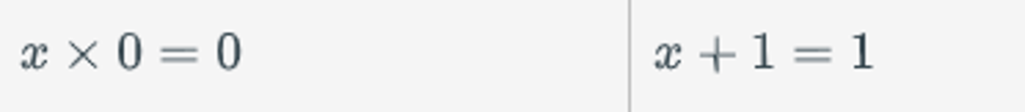 <p>Multiplication by the additive identity, 0, equals 0. Addition by the multiplicative identity, 1, equals 1.</p>