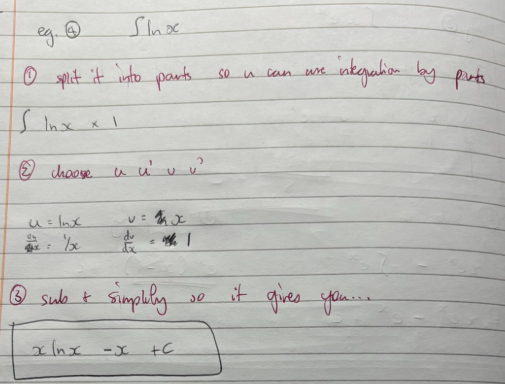 <p><strong>xlnx - x</strong> (+c)</p><p></p><p>method pictured (uses the product rule!)</p>