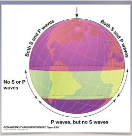 <ul><li><p><span>Seismic shadow zones: zones of the Earth where seismic waves are not detected</span></p><ul><li><p><span>Northern hemisphere: detect both S and P waves</span></p></li><li><p><span>Northernmost Southern hemisphere: detect to S or P waves</span></p></li><li><p><span>Southernmost Southern hemisphere: detect P, but no S waves</span></p></li></ul></li><li><p class="MsoListParagraphCxSpMiddle"><strong><span>S Wave Shadow Zone</span></strong><span>: during an earthquake incident, energy is propagated down into the planet. Any energy which does </span><em><span>not </span></em><span>encounter any liquid core makes it back out to the surface, however, the energy which did reach that roadblock is stopped in the middle, and there is no energy “exit wound”. The waves stop, because S waves </span><em><span>cannot propagate through liquids</span></em></p><ul><li><p class="MsoListParagraphCxSpMiddle"><span>What results from this phenomenon is an S wave shadow zone</span></p></li></ul></li><li><p class="MsoListParagraphCxSpMiddle"><strong><span>P Wave Shadow Zone</span></strong><span>: during an earthquake incident, energy is propagated down into the planet. Any energy which does </span><em><span>not </span></em><span>encounter any liquid core makes it back out to the surface, as well, energy which did reach the core is propagated through, though refracted (bent) inwards. This is indicative of the fact that the inner core has a lower viscosity than the outer layer, which points us towards its liquid state. They come out the other side, refract again, and makes it back out to the surface</span></p><ul><li><p class="MsoListParagraphCxSpMiddle"><span>The energy moving through the inner liquid core moves slower than when its going through the solid mantle.</span></p></li><li><p class="MsoListParagraphCxSpMiddle"><span>The first refraction between the outer core to the liquid inner core, and then the second refraction between the liquid inner core, and solid inner core back out to the&nbsp; liquid inner core, and finally to the solid outer core reveal the solid state of the very inside of the earth.</span></p></li></ul></li><li><p class="MsoListParagraphCxSpLast"><span>Therefore, the difference in S and P shadow zones was best explained by invoking the liquid outer, inner core.</span></p></li></ul><p></p>