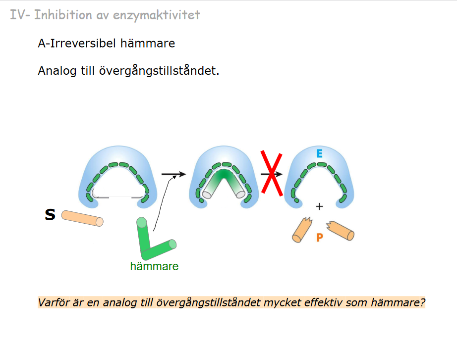 Analoga till övergångstillståndet

Passar bäst till övergång

Strukturen är stabil och ej kortlivad

Binder till aktiva sätet- produkten kan ej bildas

Ej kovalent bunden-men fortfarande starka bindningar