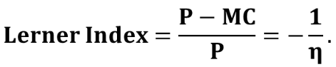<p>It measures a firm’s level of market power. A larger learner index indicates more market power and vice versa. It is a positive number ranging from 0 to 1. The more elastic “n” is, the smaller learner index and price will be.</p>