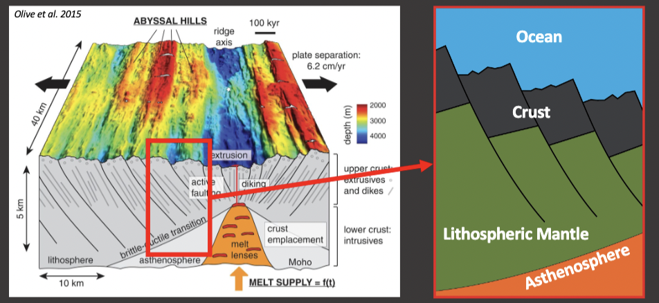 <ul><li><p>where plates are moving apart (constructive) and creating new crust at plate valleys</p></li><li><p>causes sea volcanoes</p></li><li><p>magma rises at the center of the ridge leading to the faulting of blocks of rocks and accommodating strain seen in the photo</p></li><li><p>the different faults are what cause the exposure of mantle rocks</p></li><li><p>this allows us to measure the composition of deeper earth minerals</p></li></ul>