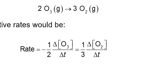 <p>What if the equation is not 1:1 stoichiometry?</p><p>Use the stoichiometry coefficient as a fraction, i.e., a stoichiometric coefficient of 2 would become a ½ in setting up the rate equality</p><p>The relative rates would be:</p>