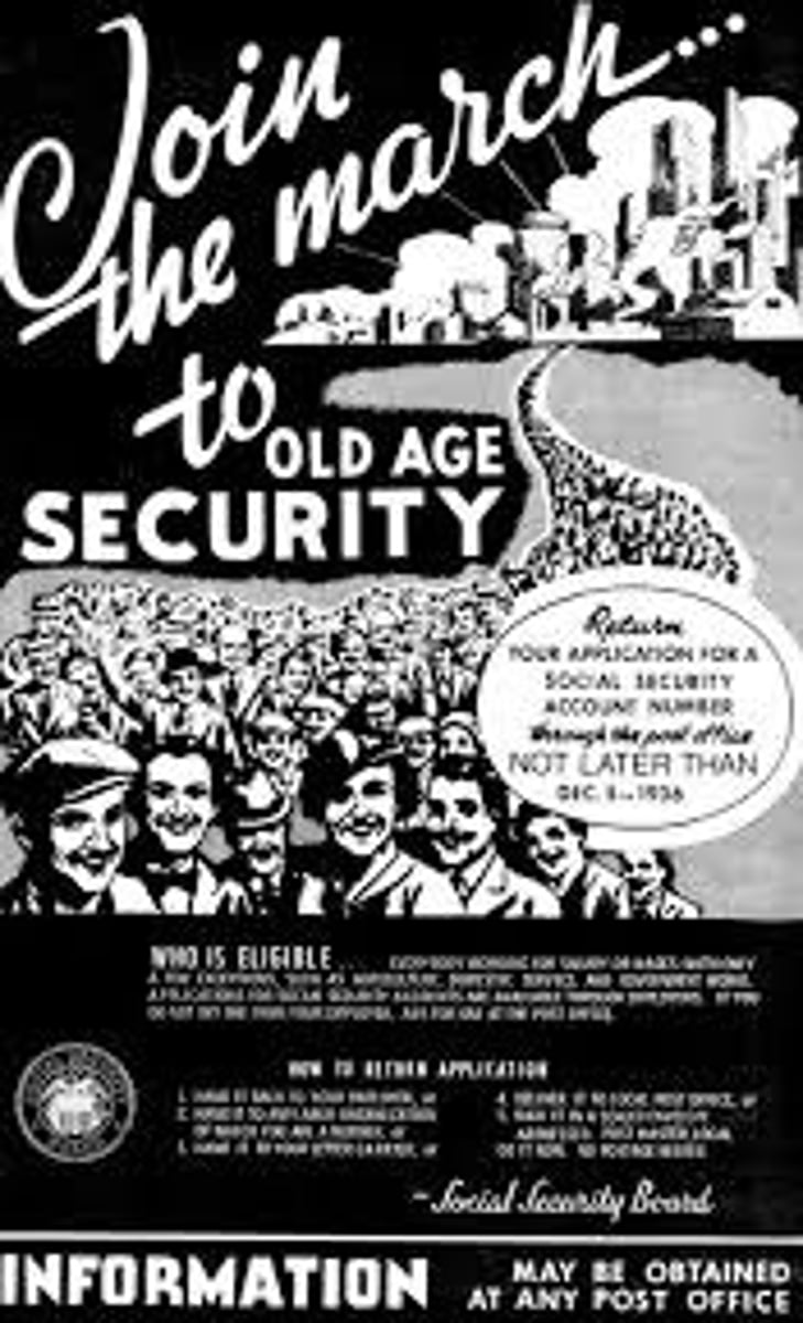 <p>Provided old-age pension (retirement), and a program of unemployment insurance (temporary aid to help people who lose jobs to find a new job), and federal welfare program (aid for very poor). Most famous and important legacy of New Deal. Has resulted (along with Medicare) with drastic reduction in poverty among elderly in the US</p>