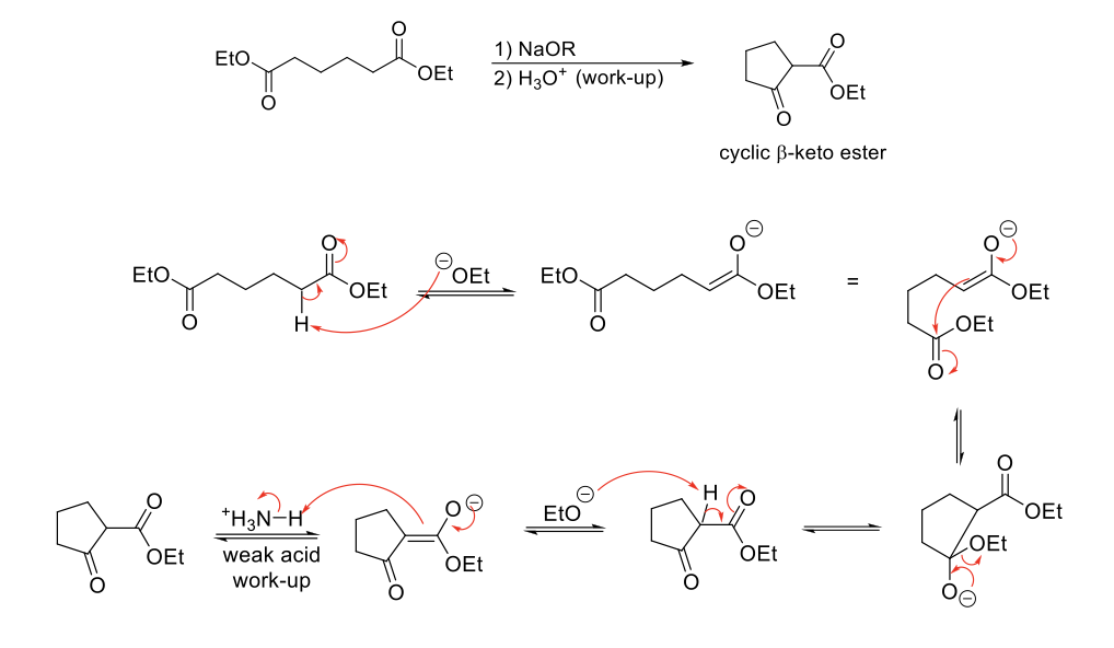 <p><strong>Mechanism:</strong></p><p>1) Enolate formation.</p><p>2) Formation of C=O bond (of enolate), double bond attacks C=O bond of other ester, C=O bond broken (of ester).</p><p>3) Formation of C=O bond kicks out -OR group.</p><p>4) α proton is removed to form a highly stabilzed enolate.</p><p>5) Weak acid work up causes tautomerization to β-keto ester.</p><p></p><p><strong>Notes:</strong></p><p>Forms a cyclic β-keto ester.</p><p>Requires 2 α protons.</p><p>Must use a weak acid (NH<sub>4</sub>CL) during the acid work-up step because strong acids will hydrolyze esters to carboxylic acids.</p><p>Use base (alkoxide) that resembles starting ester to avoid transesterification. Also avoid NaOH (hydrolysis).</p>