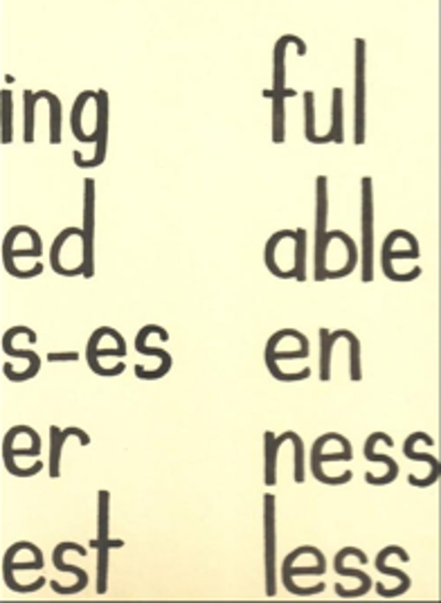 <p>a word part added to the end that changes the meaning (ex: -ful, -less, -tion)</p>