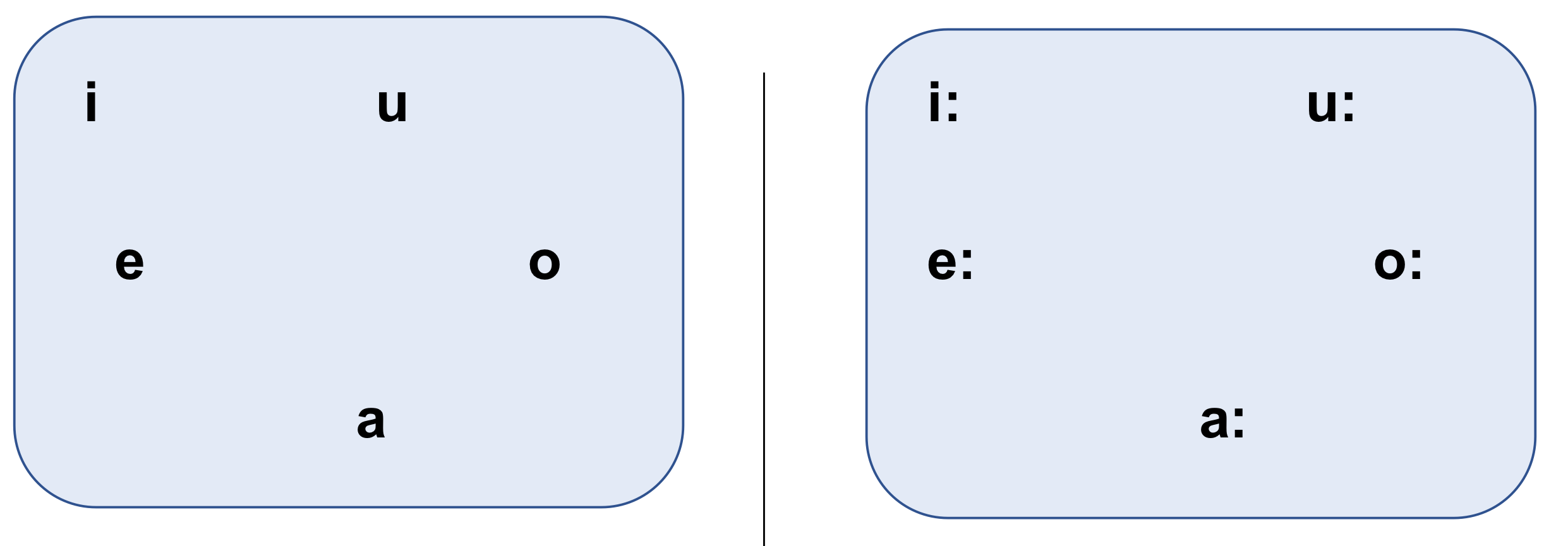 <ul><li><p>vowel length is marked with a line (macron) over the vowel</p></li><li><p>10 distinctive vowels including length</p></li></ul><p></p>