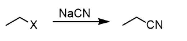 <ul><li><p>reagent: NaCN </p></li><li><p>conversion of alkyl halide to  nitrile with cyanide </p></li></ul><p></p>