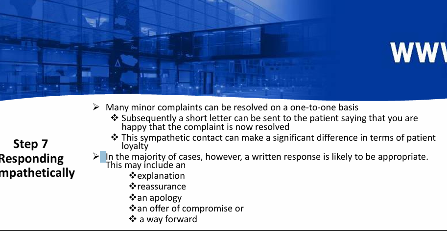 <p>Responding sympathetically</p><ul><li><p>Short letter</p></li><li><p>Explanation/reassurance/apology/compromise/way forwards</p></li></ul><p></p>