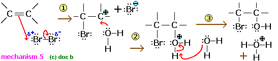 <p>decolourises bromine water as dibromoalkane is formed - however note that if using bromine water then bromoalcohol is formed + water</p>