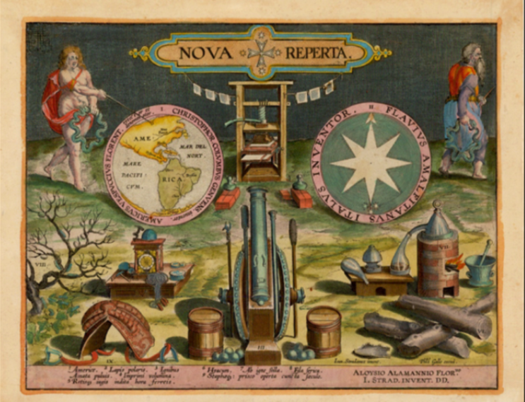 <p>Wat beeldt de prent "Nova Reperta" van Stradanus uit?</p>