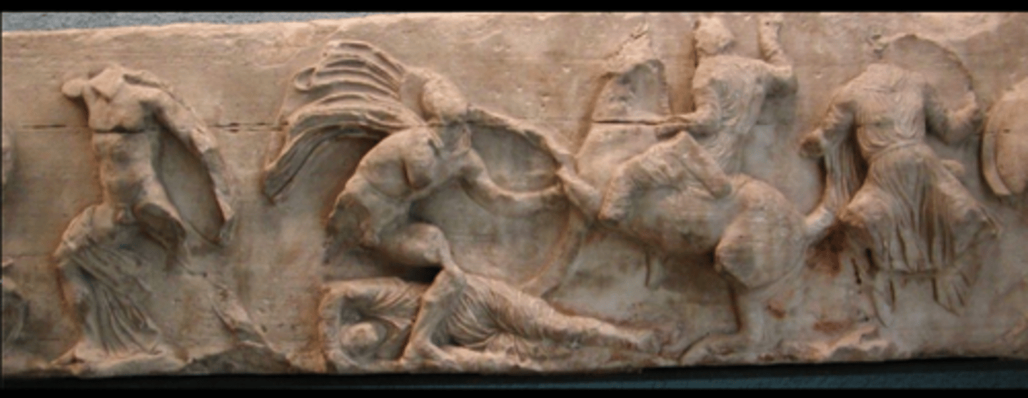 <p>5th century BCE, Greeks are naked ('heroic') while Persians are clothed, bodies of dead Persians, Persians in submissive positions</p>
