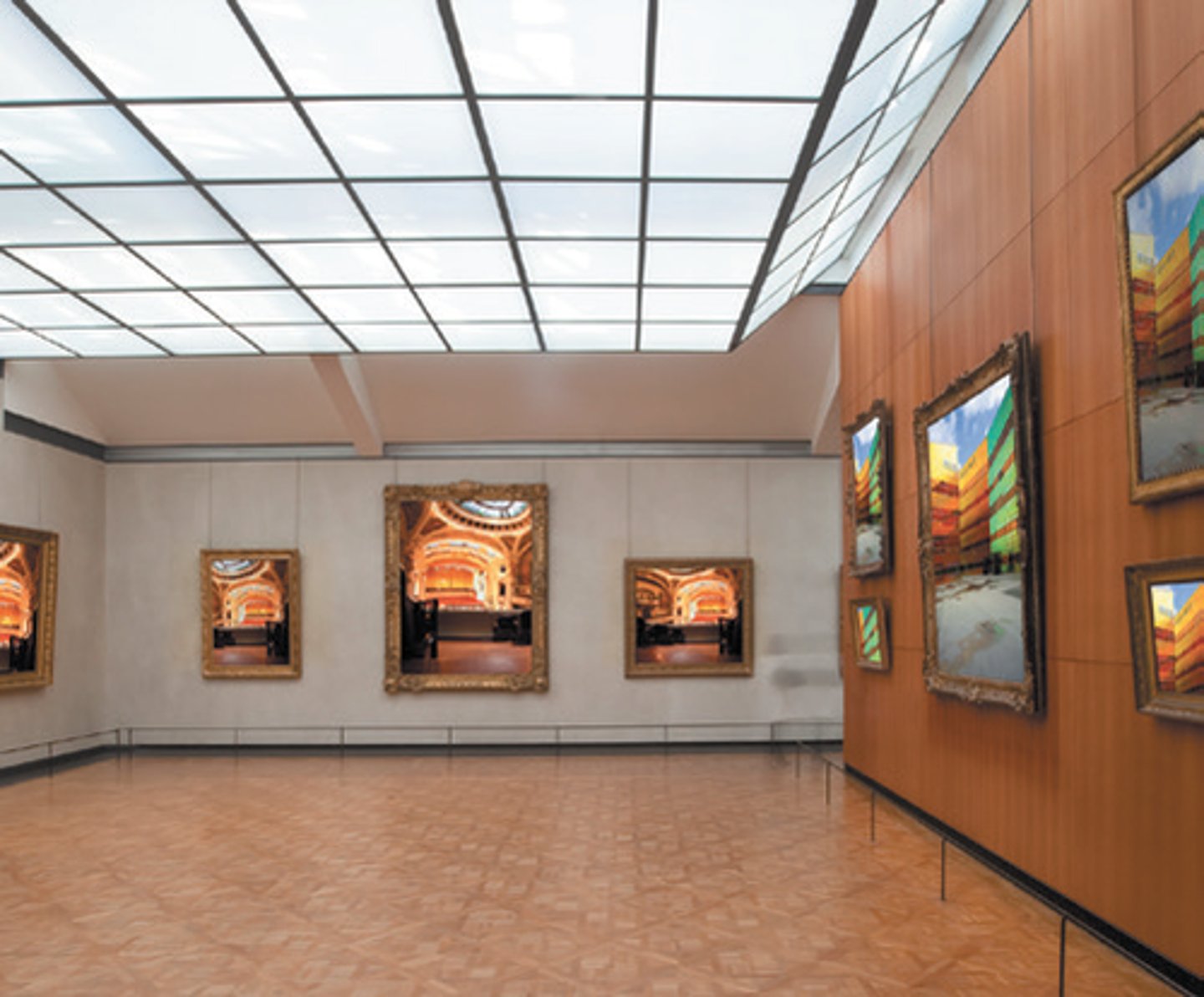 <p>está en un museo y muestra el arte</p>