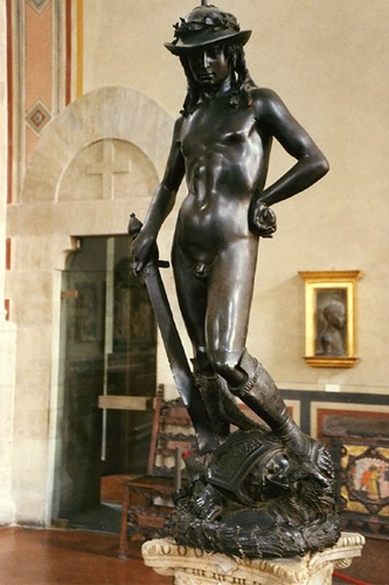 <p>Florence, Italy. Donatello. 1440-1460 CE. Bronze.<br><br>Androgynous. Lorenzo d'Medici (patron). Contrapposto. First free-standing male nude since antiquity (and biblical hero in such portrayal). Youthful, almost feminine.</p>