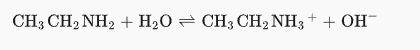 <p>Amines act as weak bases in water. Thus, a hydrogen atom will be donated from the water to the amine nitrogen atom.</p><p><br>The products are hydroxide ion and ethylammonium ion.</p><p> </p>