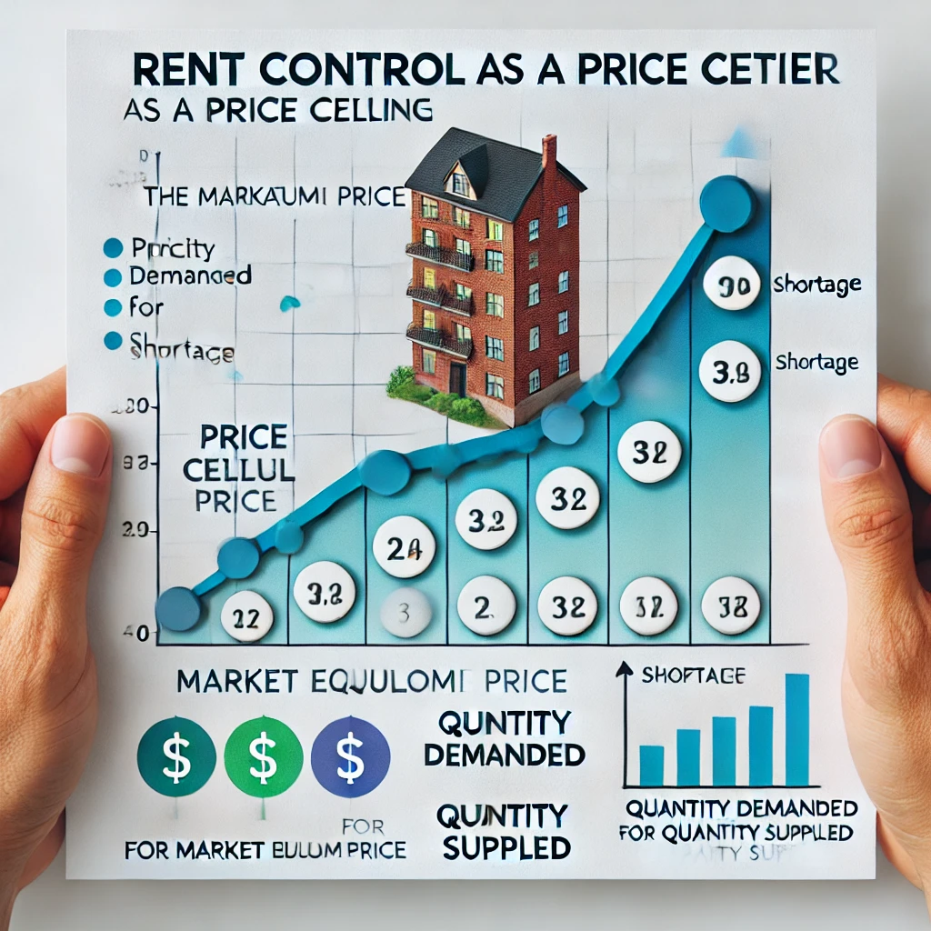 <p><span style="color: red"><strong>Rent control is an example of a price ceiling.</strong></span></p><ul><li><p><strong>Price Ceiling</strong>: It sets a <strong>maximum price</strong> that landlords can charge for rent, which is typically <strong>below the market equilibrium price</strong>.</p></li><li><p><strong>Effect</strong>: Rent control is designed to make housing more affordable, but because it keeps prices artificially low, it can lead to a <strong>shortage</strong> of available rental units. Landlords may be less willing to rent out properties or maintain them due to reduced profits.</p></li></ul><p>In summary, rent control limits how high rents can go, making it a <span style="color: red"><strong>price ceiling</strong></span>.</p>