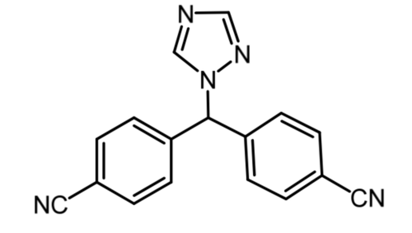 <p>(aromatase inhibitor)</p><p>ROA: oral</p><p>MOA: competitive inhibitor that binds the heme portion of the enzyme</p><p>indication: 1st line for hormone receptor positive breast cancer and for relapse following tamoxifen therapy</p><p>- more effective than tamoxifen in treating breast cancer</p><p>SAR: related to non-steroidal aromatase inhibitors</p><p>advantage: no limitation on duration usage, where tamoxifen can only be used for 5 years </p>