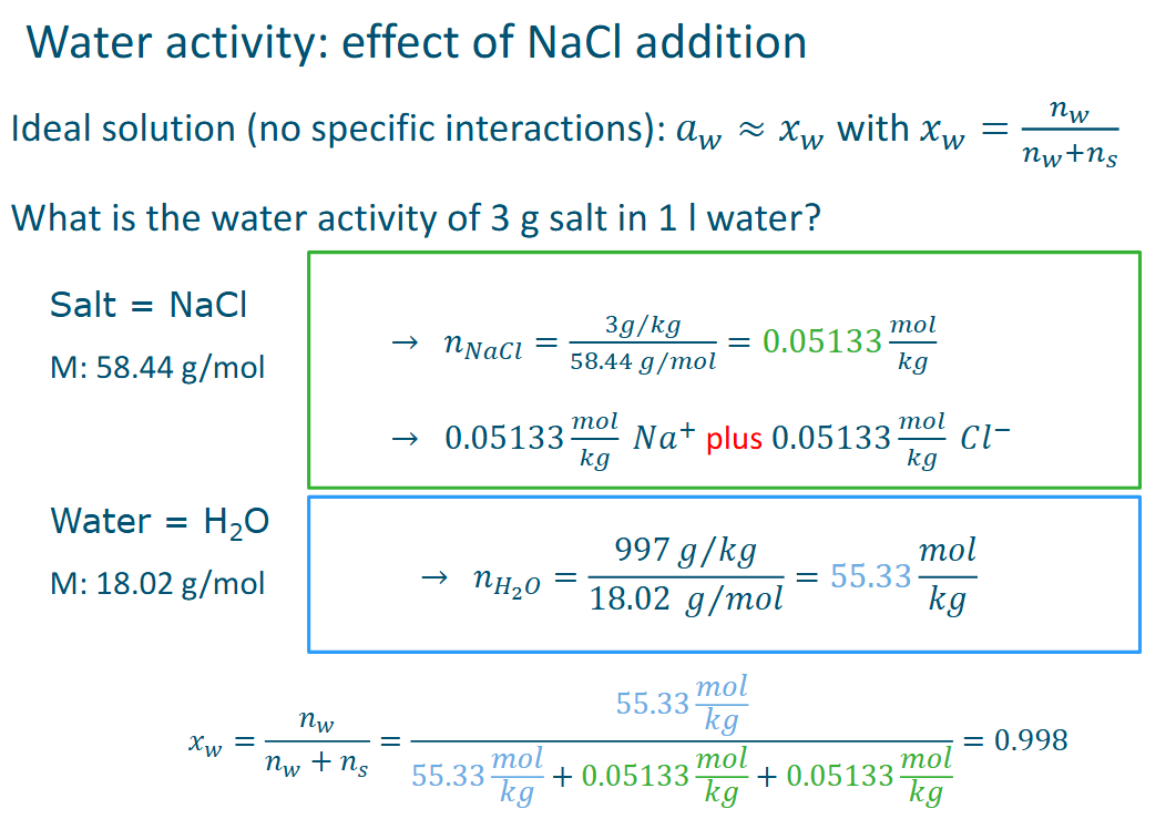 <ol><li><p>Calculate mole fraction of solute.</p></li><li><p>Calculate mole fraction of water</p></li><li><p>Calculate mole fraction with water on top and the rest on bottom. </p></li></ol><p></p>