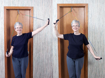 <p>Arms to the side, elbows straight, shoulder down, thumbs towards ceiling, like a snow angel</p>