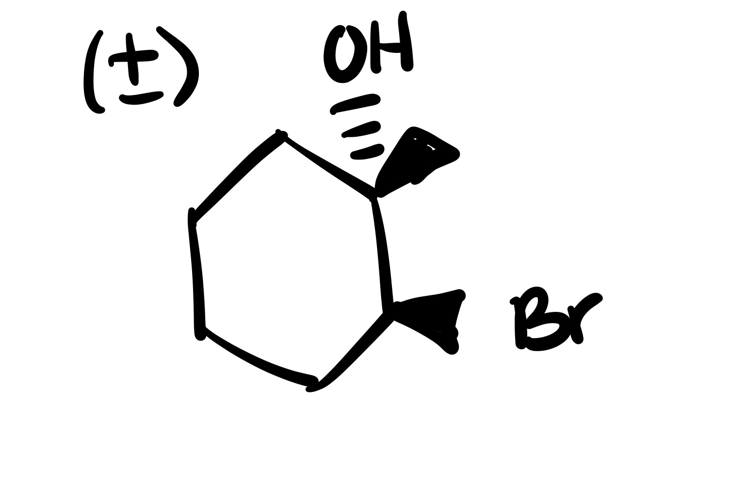 <p>The double bond is broken. The methyl group, and Br added are wedges, and the OH is added to the methyl carbon on a dash (add plus/minus sign).</p>