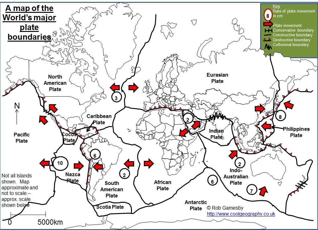 <p><span>The Tectonic Plates vary in size. The major plates include the Pacific, Eurasian, African, Antarctic, North American and South American, and the Indo-Australian. There are other smaller plates however, such as the Philippines and Cocos plates. The tectonic plates join at zones called plate margins, where most of the world’s volcanic and earthquake activity occurs. Remember that this is a theory proposed by Alfred Wegener as CONTINENTAL DRIFT in 1912, and is now supported by lots of evidence since.</span></p>